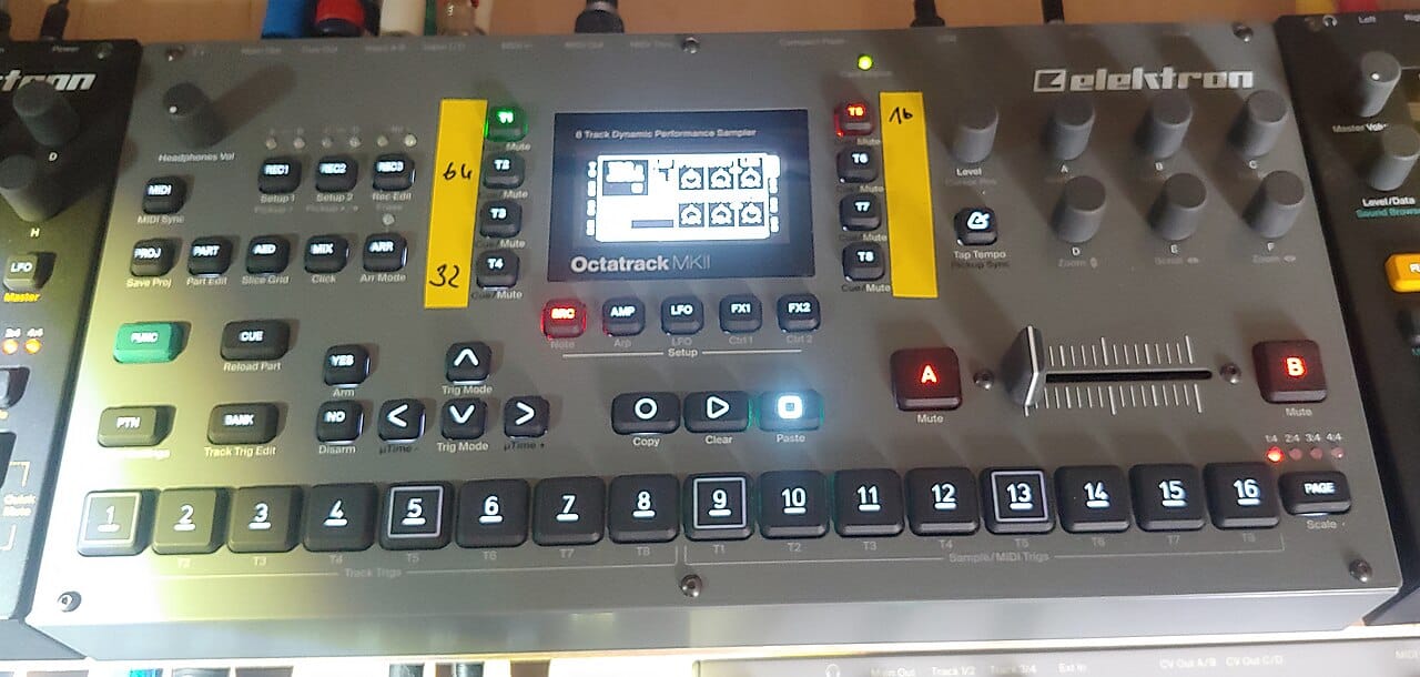 DAWless 2 The Elektron Octatrack MKII, a sampler and sequencer often used as the brain of a DAWless setup, with its crossfader and sixteen trig keys