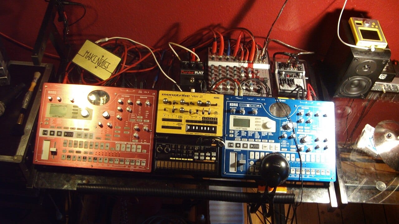 DAWless 1 A DAWless hardware setup on a table: Korg Electribe SX and MX grooveboxes, a monotribe, a volca beats and a small mixer, all cabled together with no computer