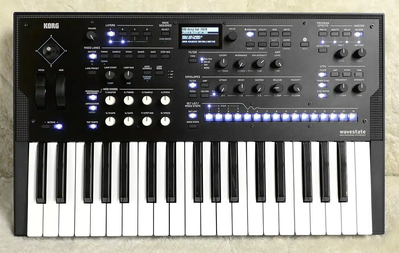 The Korg wavestate, a 2020 wave sequencing synthesizer with a vector joystick and Vector Envelope