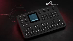 Black M-VAVE FM-1 synthesizer with branching lines representing different custom firmware options.