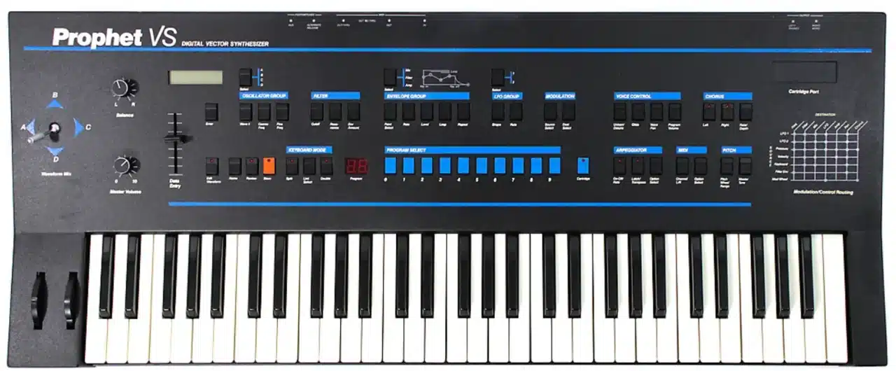 The Sequential Circuits Prophet VS keyboard from 1986, the synthesizer that introduced vector synthesis and its mixing joystick